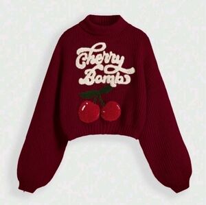 🍒Romwe Shein High Neck Cherry EmbroideryLantern Sleeve Pullover CropSweater🍒